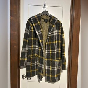 Tahari Sweater Hooded Cardigan Duster Jacket Coat Tartan Plaid Size Medium